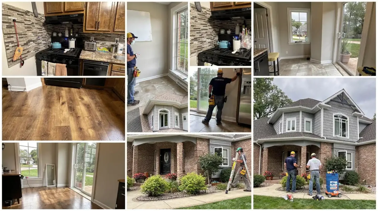 The project gallery groups remodel-related categories like flooring, drywall, and carpentry alongside paint work, showing